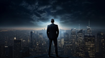 Businessman looking out of office over city. riches, fame sadness loneliness, wealth, love of money vanity 
