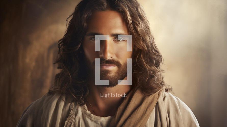 portrait of jesus christ smiling and looking at camera. Catholicism in religion in Christmas