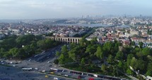 LOG Color Valens Aqueduct Aerial Istanbul Turkey Roman Empire Middle East Asia Byzantium Drone Shot City Traffic
