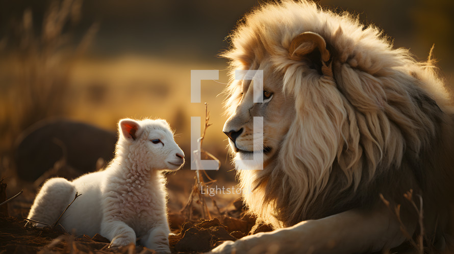 A lion and a lamb looking at each other sitting in a field