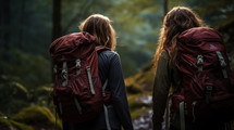 Two women on a hike together in a forest