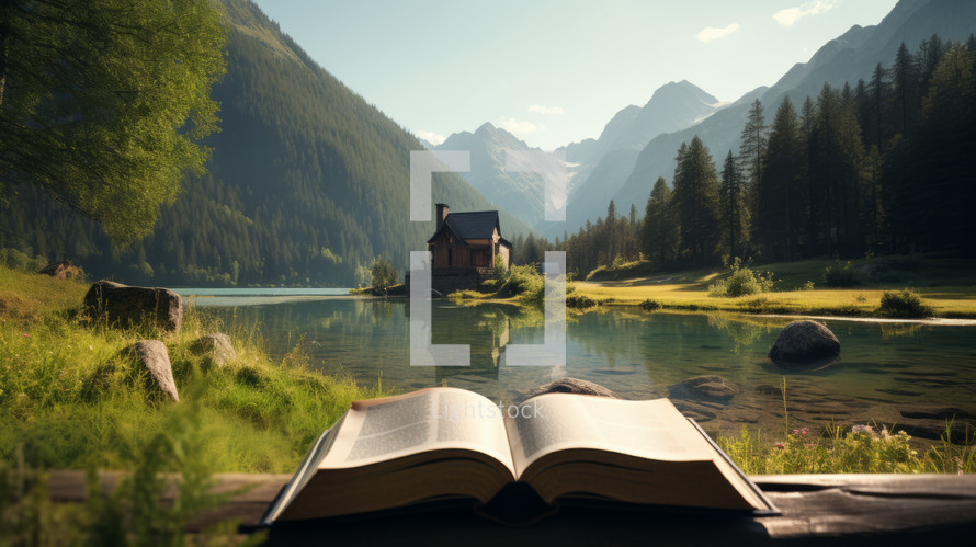 Isolated home church in the valley of the mountains with lake and Bible.