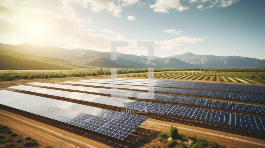A panoramic view of a solar array in an agricultural setting, showcasing the coexistence of energy generation and farming. Generative AI