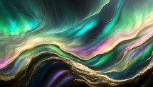 abstract aurora borealis artwork with flowing colors in turquoise, green, gold, black, purple