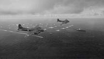 World War 2 Era Military Airplanes Bombing Ocean Air Raid Warfare Black and White Animation