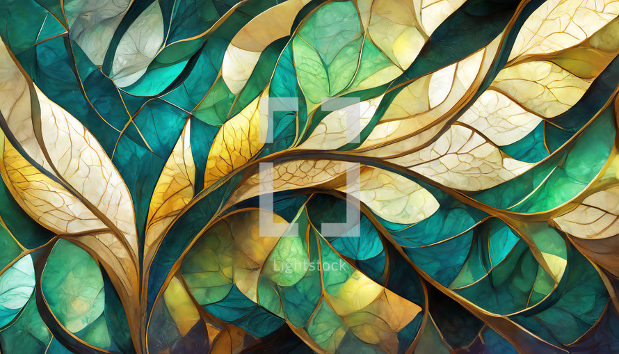 flowing leaf design in yellow, tan, gold, blue-green and brown