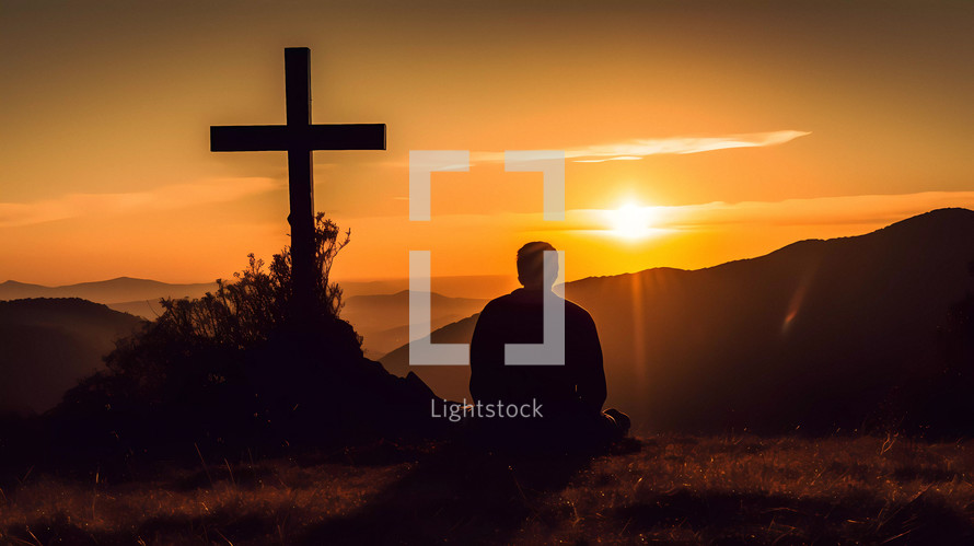 Silhouette of a person praying on his knees on a mountain with crucifix at sunrise in morning 