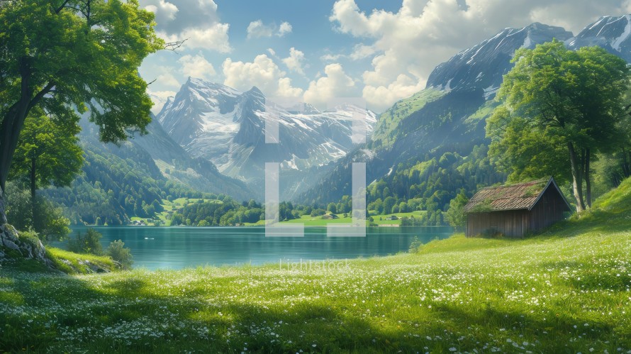 Breathtaking Swiss lakeside scene featuring verdant meadows, green grass, and a realistic portrayal of the serene alpine environment with towering mountains as the backdrop Generative AI