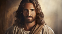 portrait of jesus christ smiling and looking at camera. Catholicism in religion in Christmas