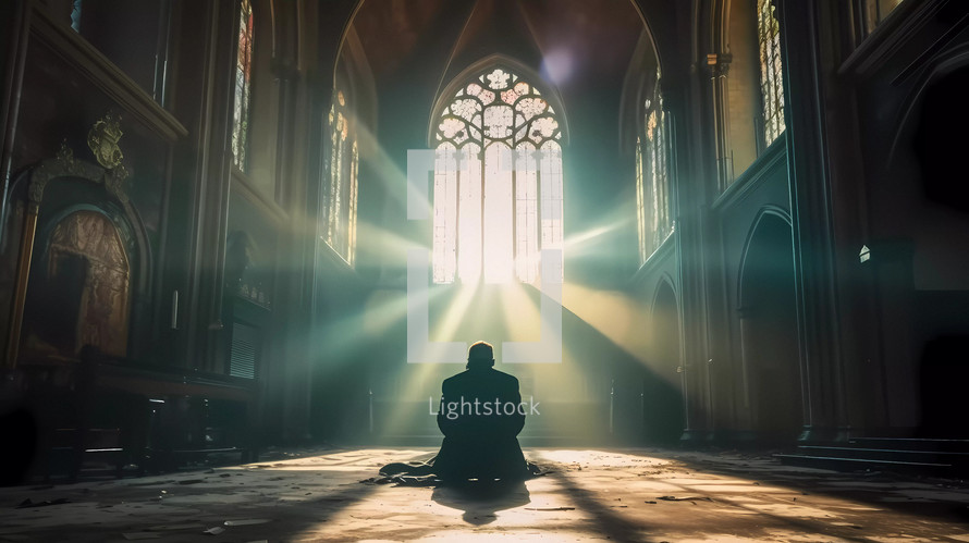 Silhouette of a man praying alone sitting in a cathedral with spirit light come from big window