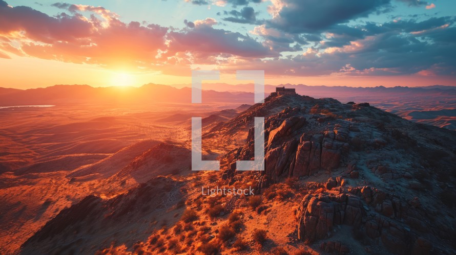 Pyramid complex, drone's perspective, vibrant sunset hues, vast desert vista, photorealistic twilight scene Generative AI