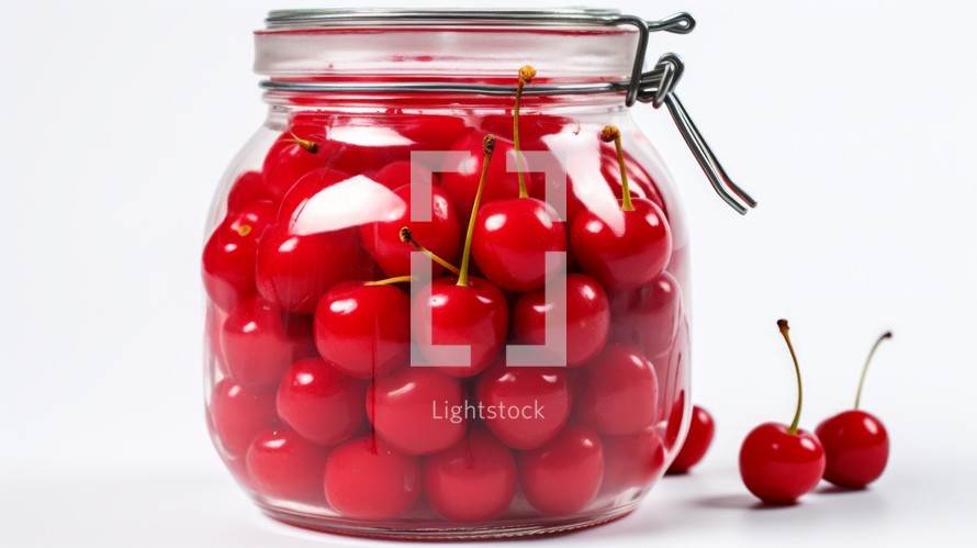 Glass jar filled with bright red cherries, close-up realistic photo against a white background Generative AI