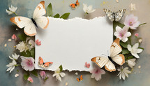 torn edge sheet of white paper surrounded by butterflies and flowers