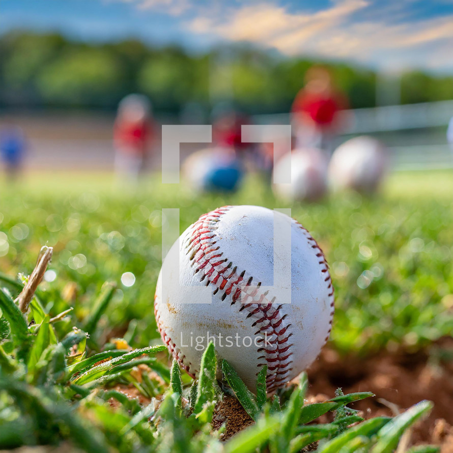 Old dirty baseball rests in outfield grass of a small ballpark on a beautiful sunny day with players blurred out in the background.