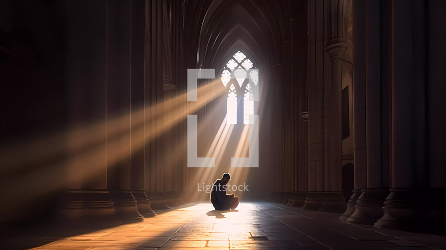 Silhouette of a man praying alone sitting in a cathedral
