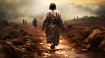 A biblical man walking down a dirt path
