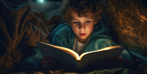 A young boy reading a book under covers.