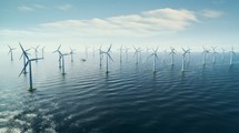 Generative AI Overhead views of an offshore wind park, capturing the elegance of wind turbines installed at sea. aerial