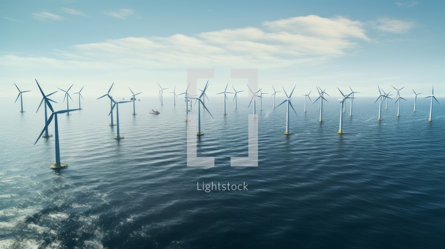 Generative AI Overhead views of an offshore wind park, capturing the elegance of wind turbines installed at sea. aerial