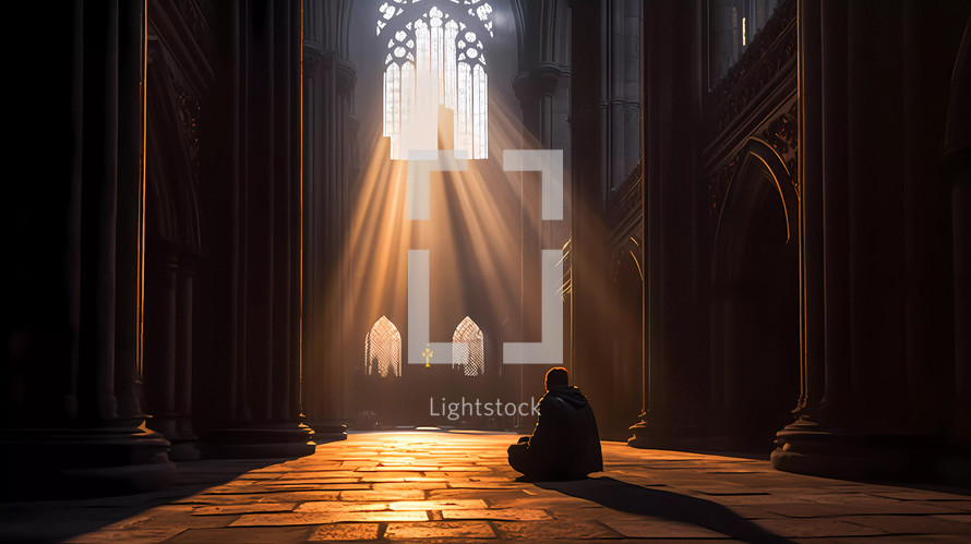 Silhouette of a man praying alone sitting in a cathedral and light beam from window