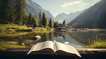 Isolated home church in the valley of the mountains with lake and Bible.
