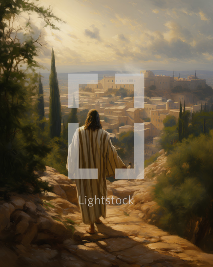 Jesus walking toward Jerusalem - the two characters on the road to Emmaus in the distance 