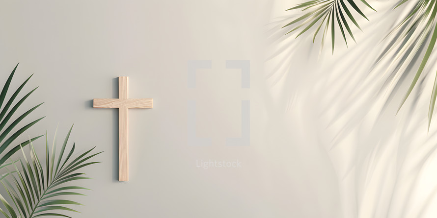  wooden cross with Palm leaves on a white background with copy space