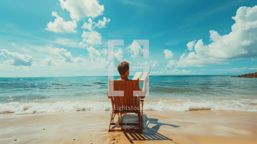 Photo concept of a man sitting on a beach chair, reading a book or enjoying the scenery on the seashore Generative AI