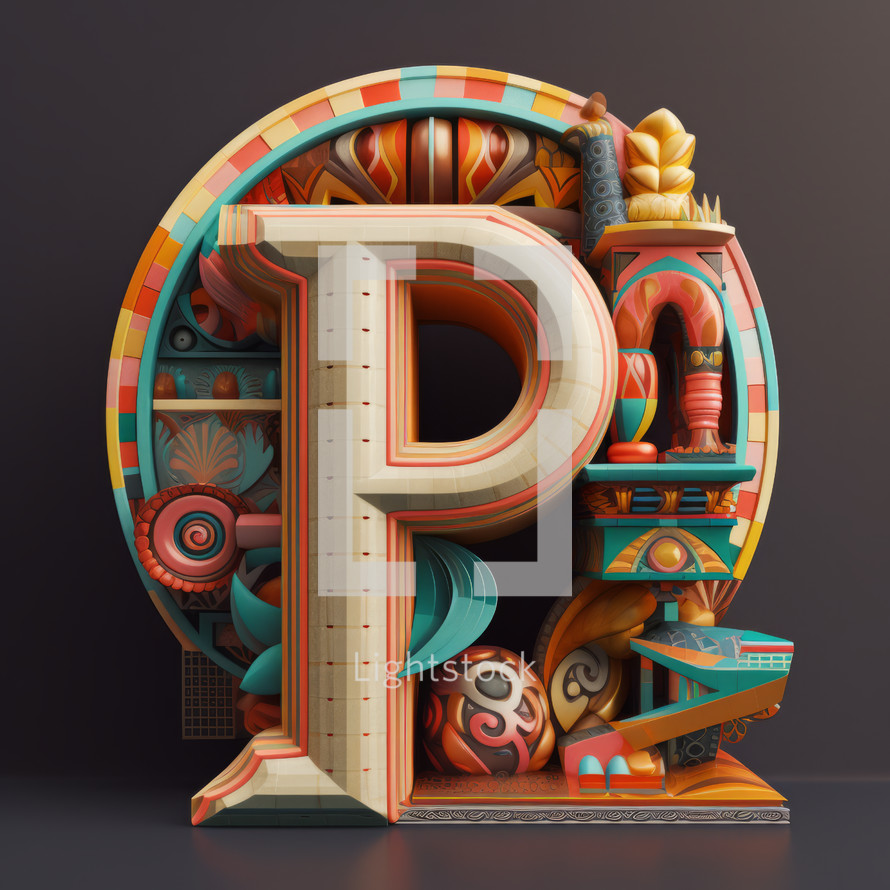 3D Emblem of Letter P in Ancient Steampunk Style Art