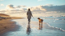 Realistic photo concept of a woman walking her dog along the seashore, both enjoying the coastal breeze and serene environment Generative AI
