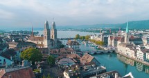 Aerial Church Zurich Switzerland Sweeping Over City Reformation History Grossmunster Aerial Cinematic Drone