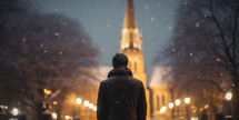 A close up of a man standing and looking at a church during the winter snow. 