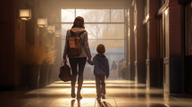 Mother and son walking together with backpacks