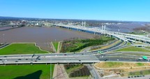 4K Aerial Louisville Kentucky City Traffic Freeway River Bridge Flytwards