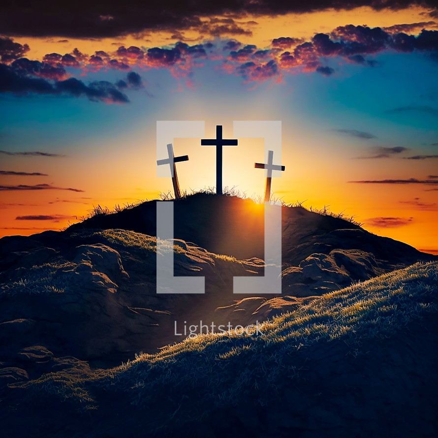 AI Generated View of Three Crosses on a Rocky Hill at Sunset
