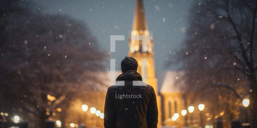 A close up of a man standing and looking at a church during the winter snow. 