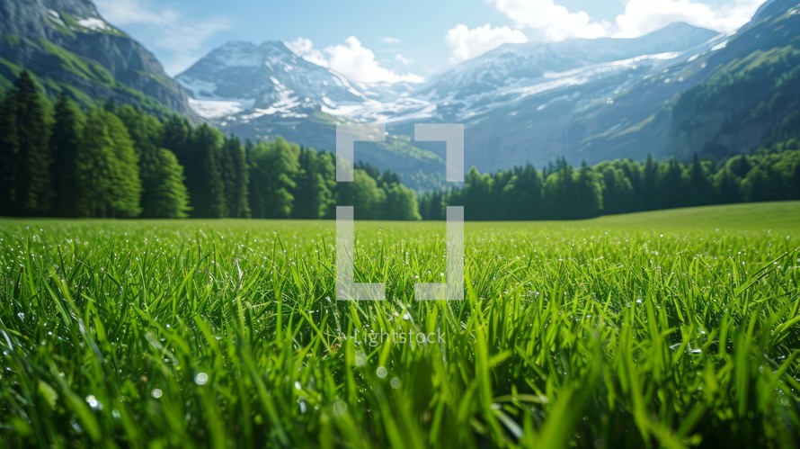 Idyllic Swiss alpine scene featuring close-up shots of verdant meadows, capturing the intricate details of lush green grass against the majestic mountainous terrain, Generative AI