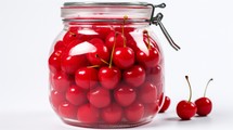 Glass jar filled with bright red cherries, close-up realistic photo against a white background Generative AI