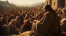 a biblical man sitting on a rock looking over a crowd of people