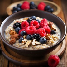 Stock image of a bowl of oatmeal topped with nuts, seeds, and berries, a healthy and wholesome breakfas Generative AI