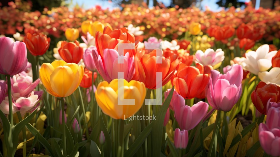 Generative AI Symmetrical tulip flowerbed featuring a colorful array of mixed tulip varieties.