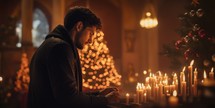 A man praying at church in front of candles with a Christmas tree in the background.