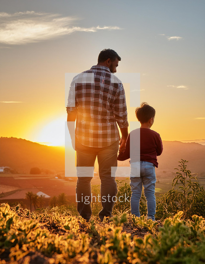 Father and child hold hands while watching a golden sunset in the evening for Fathers Day.