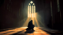 Silhouette of a man praying alone sitting in a church