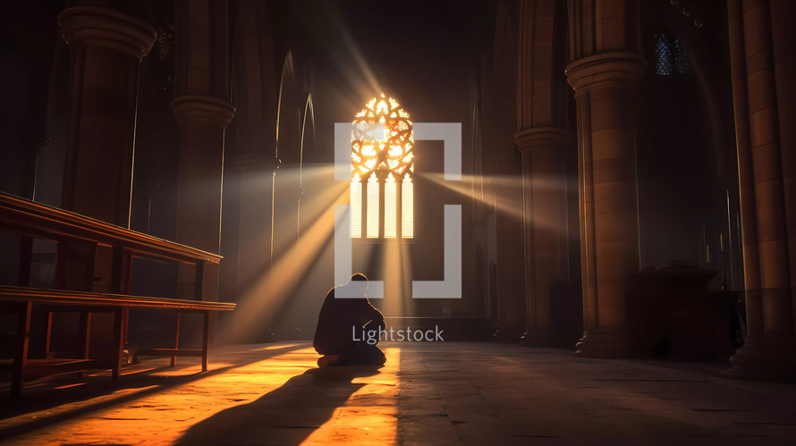 Silhouette of a knee man praying alone sitting in a cathedral with beam sun light