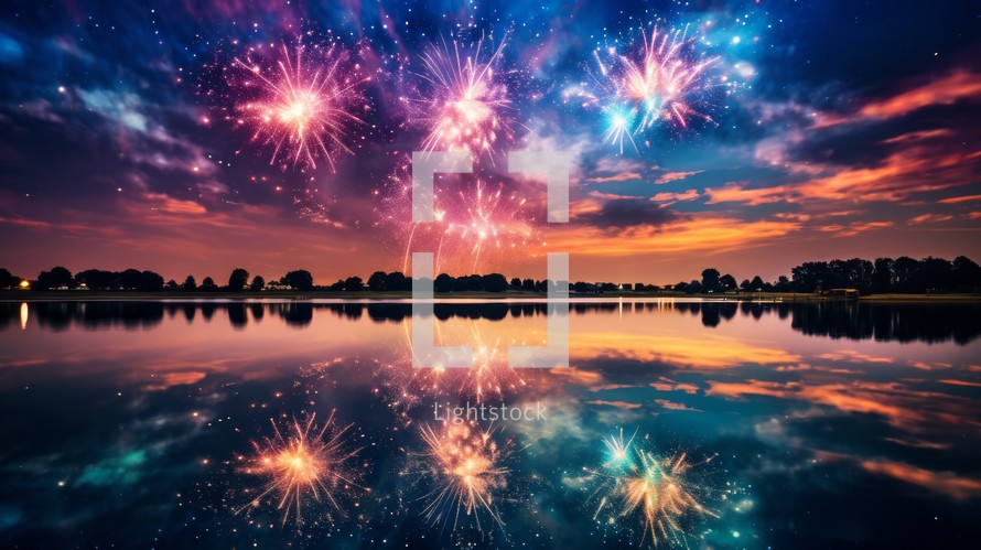 Fireworks reflected on the surface of a calm lake, creating a stunning mirrored effect Generative AI