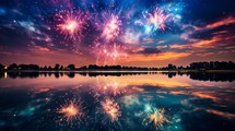 Fireworks reflected on the surface of a calm lake, creating a stunning mirrored effect Generative AI