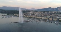 Geneva Switzerland Aerial Drone Establishing Shot Fountian Lake Swiss Alps