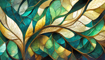 flowing leaf design in yellow, tan, gold, blue-green and brown