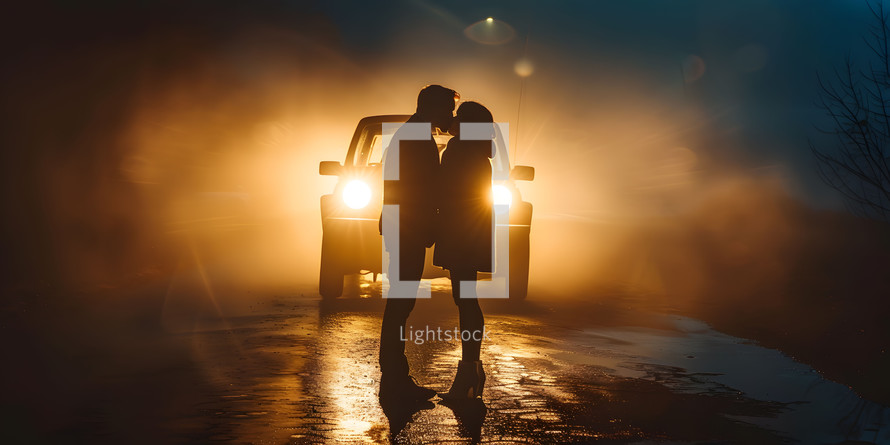 young couple kisses in front of car with copy space